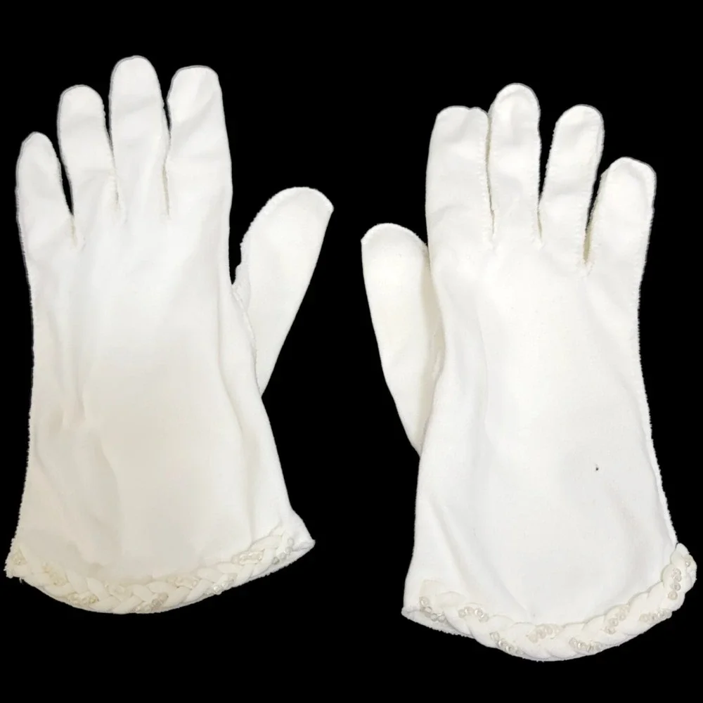 Vintage White Dress Gloves Size 7‎ German Beaded Cotton Double Woven Japan
